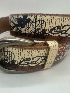 Ed Hardy Cream and Brown Printed Leather Belt with Silver Buckle